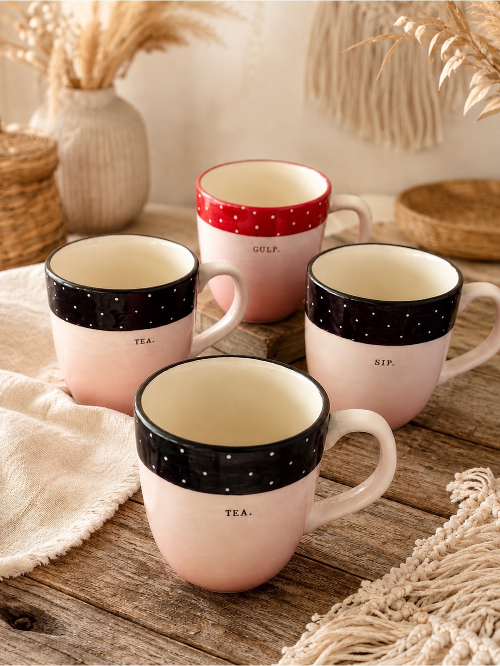 Rae Dunn Mugs Polka Dot Set 4‎ Coffee Cups Kitchen Farmhouse Home Decor